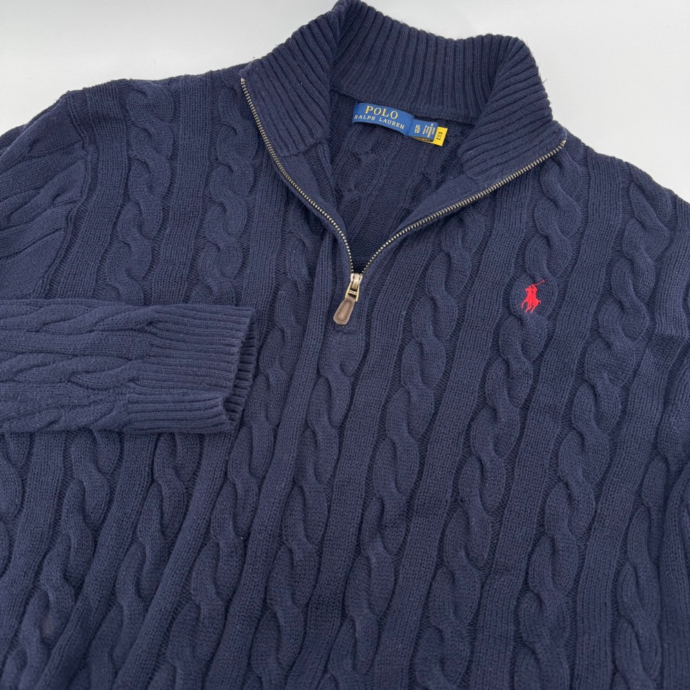 Polo Ralph Lauren Sweater Mens XL Navy Blue Cable Knit Quarter Zip Pullover